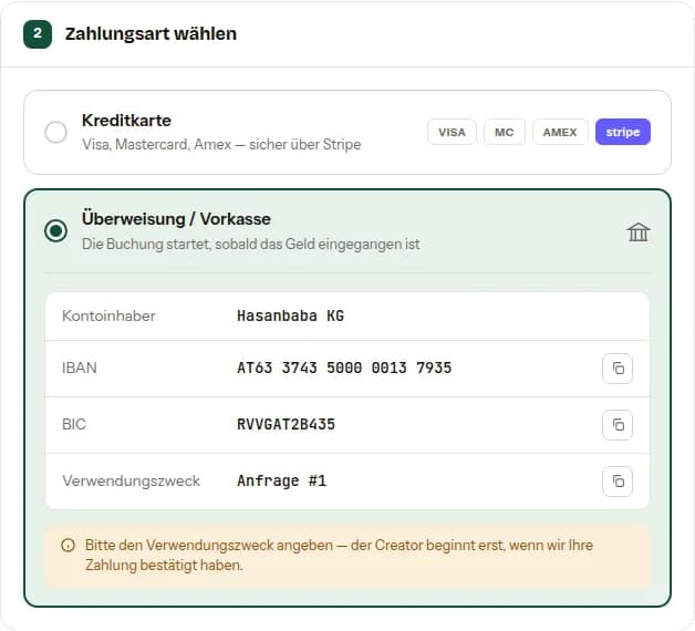 Kreditkarte oder Überweisung