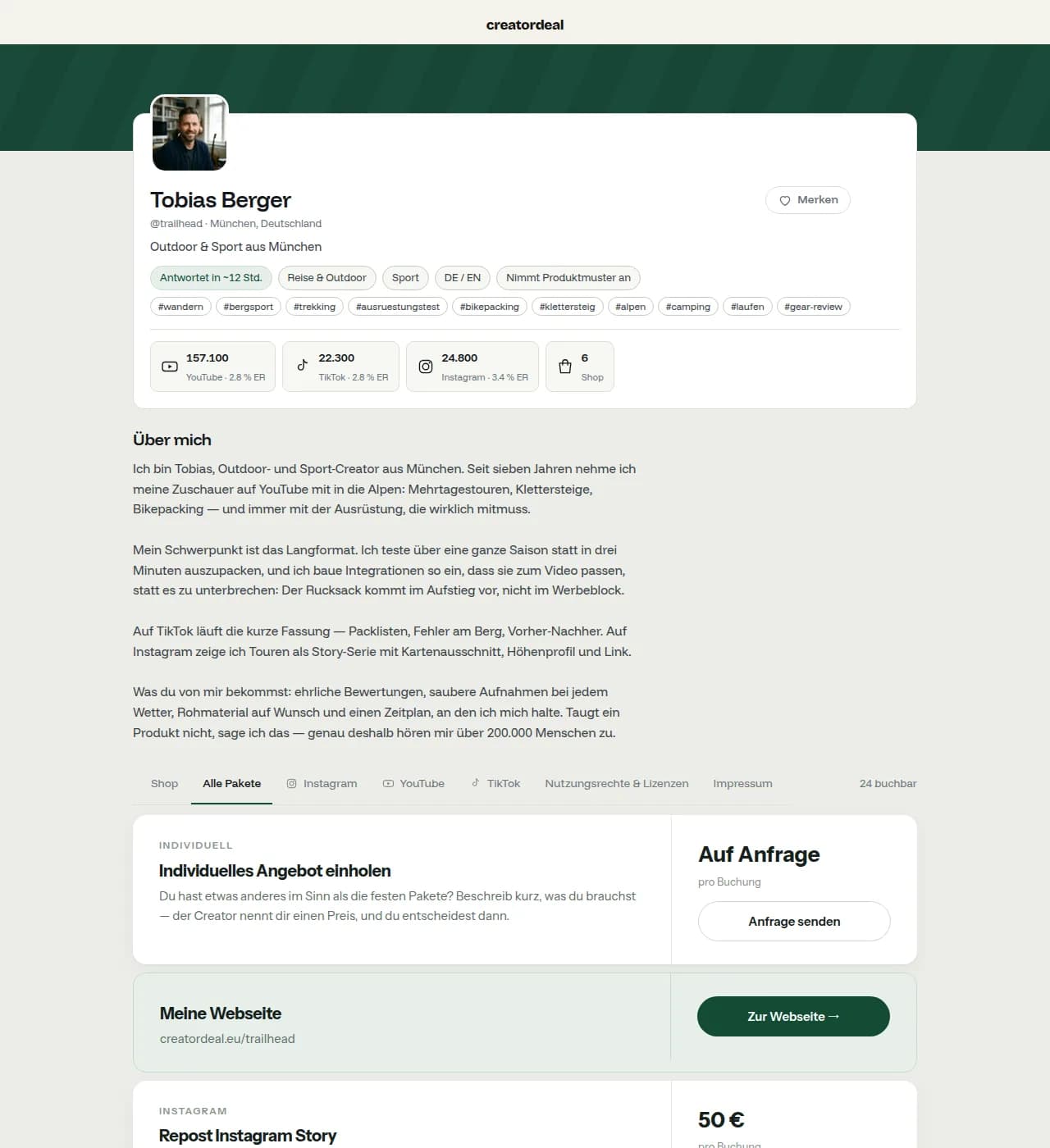 Bio page of a creator on creatordeal with profile picture, channels, packages with prices and the tabs for shop and legal notice