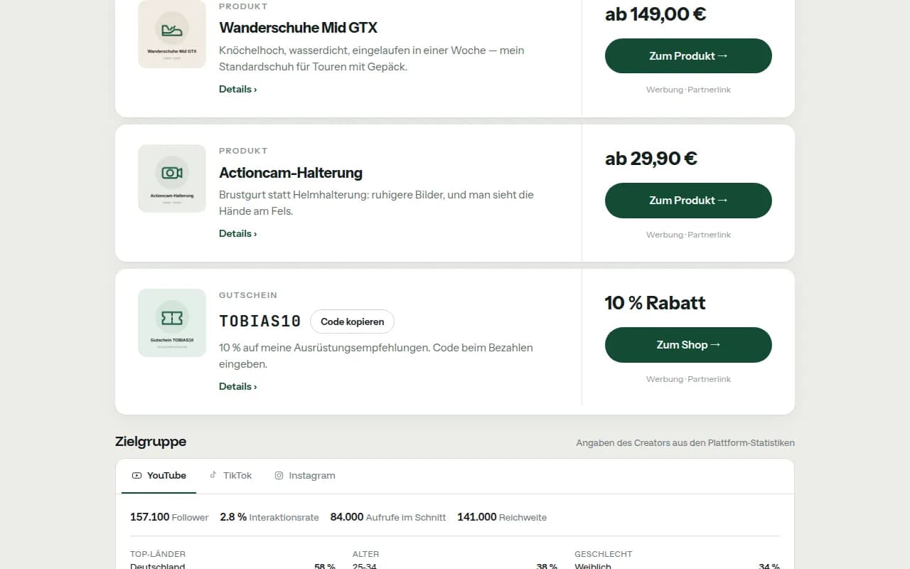 Shop tab of a bio page on creatordeal with product recommendations, partner links, a discount code to copy and the audience figures below
