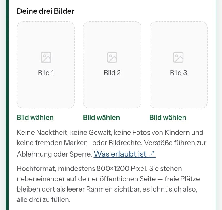 Creator-Bereich: die drei Bildplätze „Bild 1", „Bild 2" und „Bild 3" mit dem Hinweis zum Hochformat