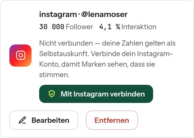 Creator-Bereich: ein Kanal mit dem Knopf „Mit Instagram verbinden" und dem Hinweis, dass Zahlen sonst als Selbstauskunft gelten