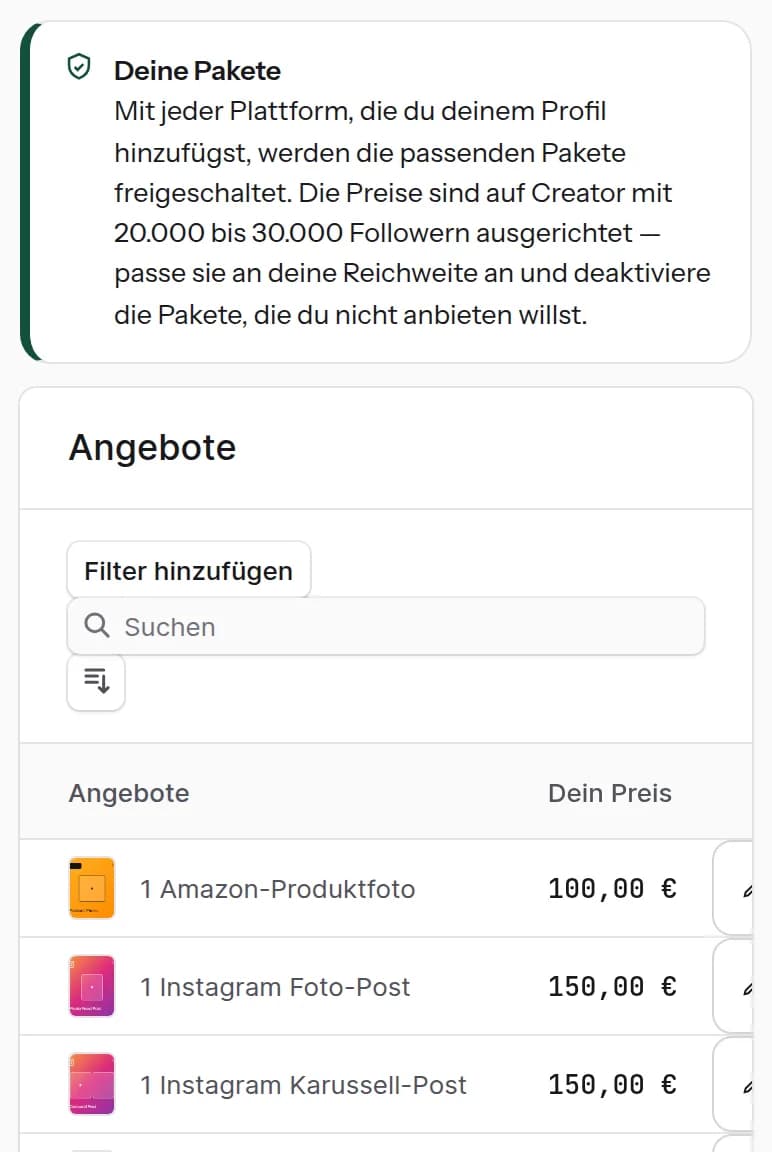 Creator-Bereich: der Hinweis über der Paketliste und die ersten Pakete mit ihren Preisen