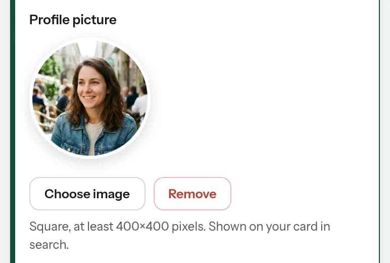 Area creator: il campo per la foto profilo con la nota «Quadrata, almeno 400×400 pixel»