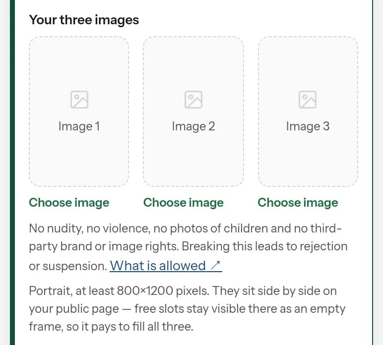 Area creator: i tre posti immagine «Immagine 1», «Immagine 2» e «Immagine 3» con la nota sul formato verticale