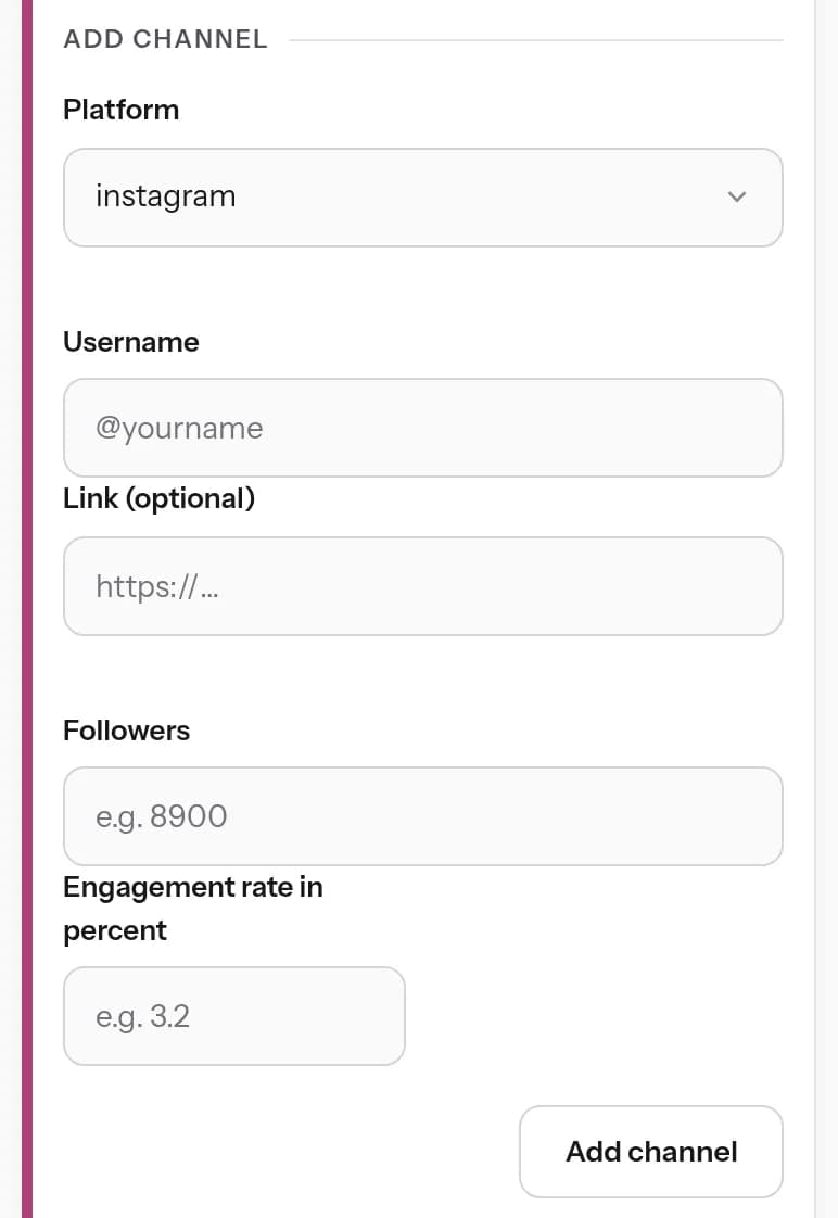 Area creator: il modulo «Aggiungi canale» con piattaforma, nome utente, follower e tasso di interazione