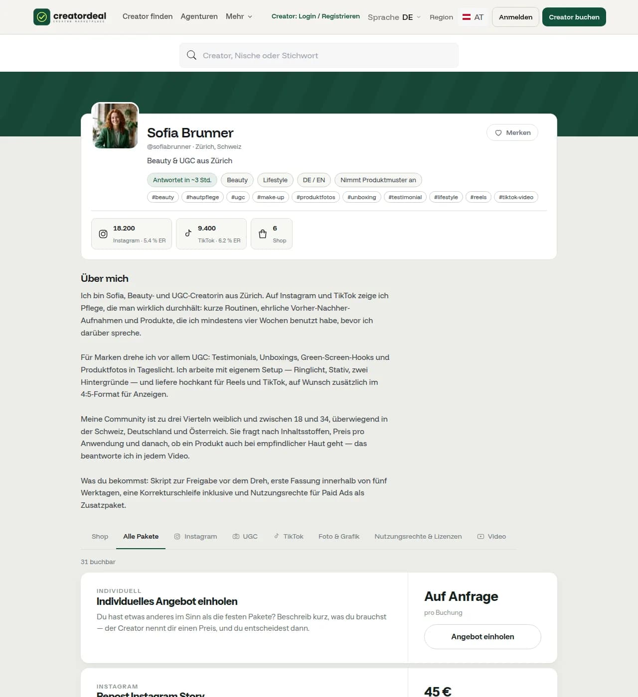 Öffentliches Creator-Profil auf creatordeal mit Kanälen, Reichweite, Nischen und buchbaren Paketen mit Festpreis