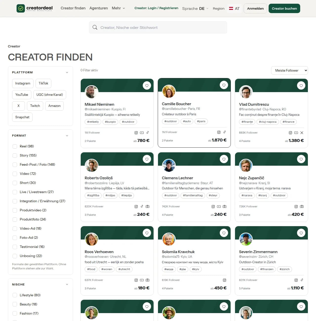 Creator-Suche auf creatordeal mit Filtern für Plattform, Format und Nische und einer Trefferliste mit Followerzahlen und Preisen
